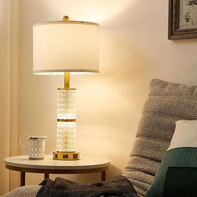SAIWEYA Crystal Table Lamps Modern 3-Way Dimmable Bedside Lamp with 2 USB Ports & AC Outlets for Living Room Bedroom Nightstand Lamp Night Light
