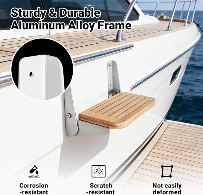 Boat Fold-Up Footrest,Wall Mounted Teak Footrest - Space Saving Folding Step for Boat, RV, Yacht, and Home Use, 12"x7.5"x6"