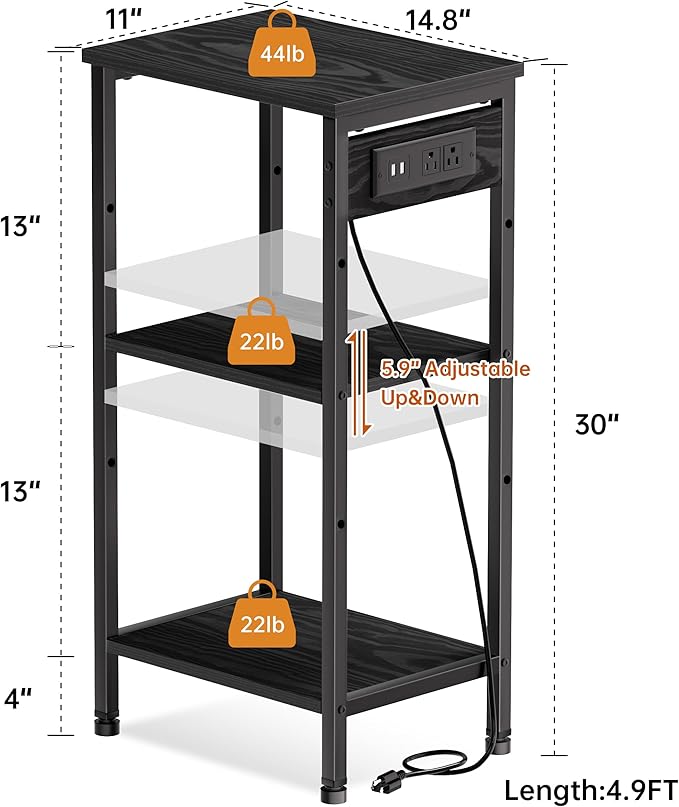 Asgolion Tall Nightstand with Charging Station, 3 Tier Narrow Tall End Table with Storage, Slim Side Table with USB Ports and Outlets for Bedroom, Living Room, Office, Black