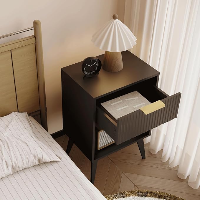 YAUKOMEL Fluted Night Stand with Opening Storage,Mid Century Bedside Table with Drawer,Black Nightstand with Wood Legs,End Table Side Table for Living Room,Bedroom,11.8" Dx15.7 Wx 25.2" H CTG56BK