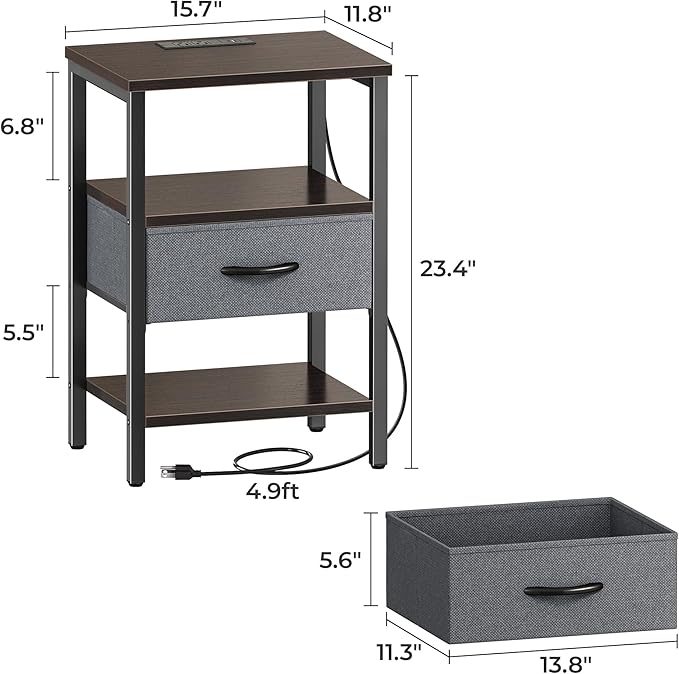 SUPERJARE Nightstand Set of 2, Bed Side Tables with Charging Station, Adjustable Fabric Drawer, Night Stand for Bedroom, 3-Tier Storage End Tables, Walnut