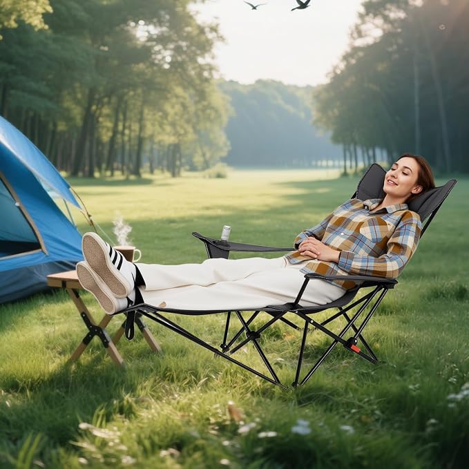 Tangkula Reclining Camping Chair Set of 2, 2 in 1 Porable Folding Lawn Chair with Removable Footrest, 4-Position Adjustable Backrest, Cup Holder & Side Pocket, Carry Bag