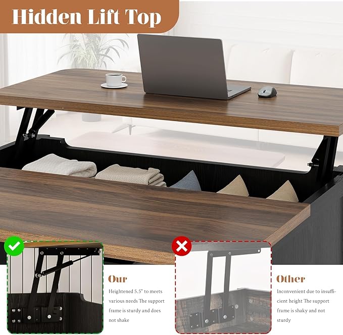 Decofy Lift Top Coffee Table with Storage Mid Century Modern Square Coffee Tables for Living Room, Large Hidden Storage Compartment, Adjustable Shelves & Sliding Door