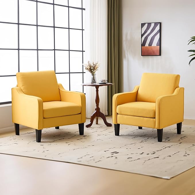 VINGLI Chair Yellow Upholstered Linen Accent Chair for Living Room, Bedroom, Mid-Century Modern Arm Chair Comfy Reading Chair with Scooped Arms