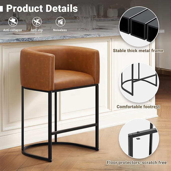 26" H Counter Height Bar Stools Set of 4, Modern Barrel Counter Stools with Backrest and Arms, Faux Leather Upholstered Accent Barstools for Kitchen Island,Support 450 LBS (Walnut Brown