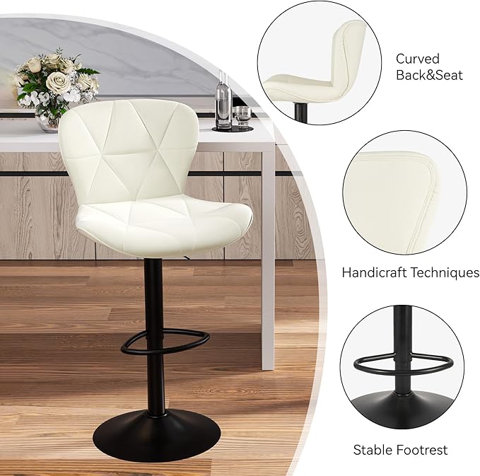 Nalupatio Modern Bar Stools Set of 2, Adjustable Faux Leather Upholstered Swivel Bar Stools, Counter Bar Chairs with Back for Kitchen Island, Cream White