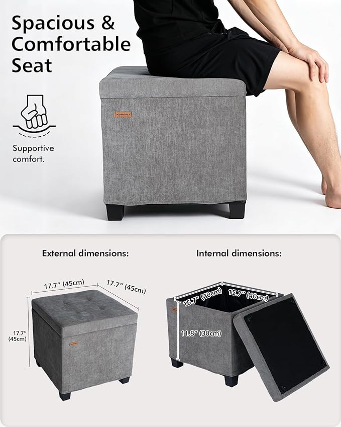 ABHENG Chenille Cover Steel Frame Ottoman with 48L Storage,17.7" x 17.7" x 17.7" Square Linen Storage Ottoman Stool Cube with Legs,for Dorm Livingroom Gray UASND641G