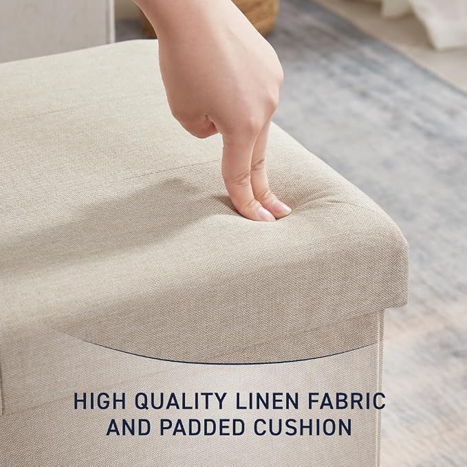 Ornavo Home Folding Storage Ottoman, 30 Inch Large Storage Bench with Lid, Foot Rest Stool for Bedroom, Living Room, Entryway, Tufted Linen Upholstered - Beige
