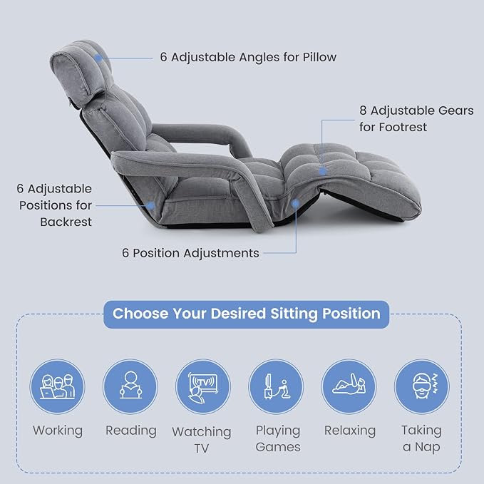 Giantex Foldable Lazy Sofa Bed, 6-Position Adjustable Floor Chair Chaise Lounge with Armrest and Footrest, Padded Gaming Recliner for Reading Living Room Bedroom Indoor (Gray)