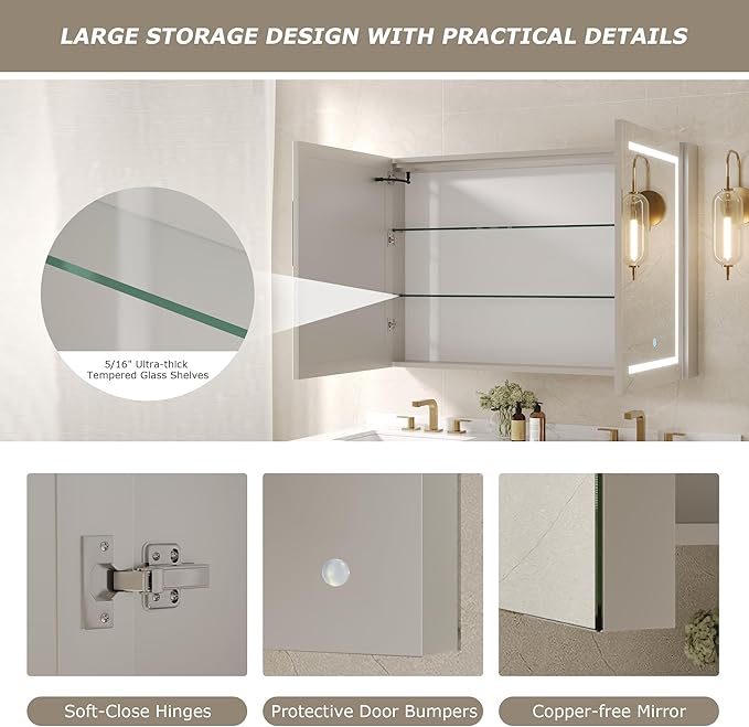 DeerValley Led Lighted Medicine Cabinet with Mirror, 48" W x 32" H Mirrored Medicine Cabinet with Lights for Bathroom with Defogger & Dimmable 3-Color