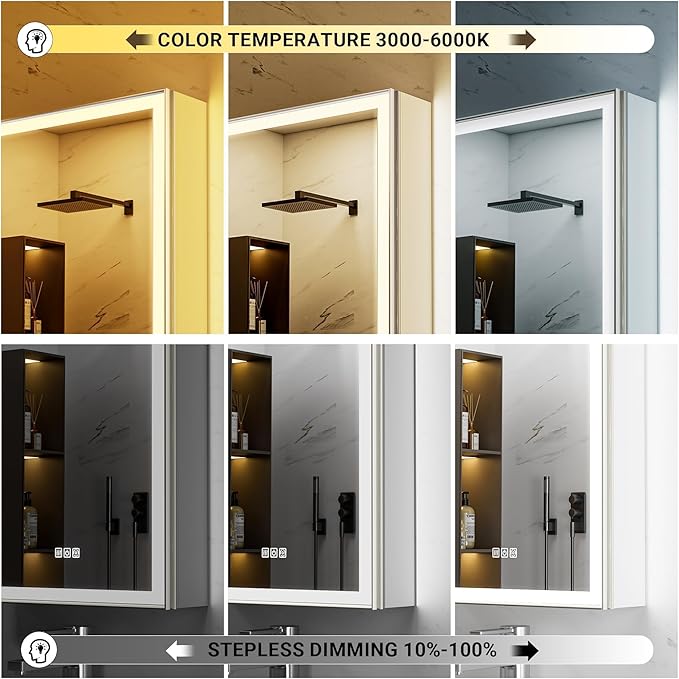 60x20 Beveled Brushed Nickel Aluminum Framed Medicine Cabinet with Flip-up Mirror Door, Surface or Recessed Dimmable Lighted Medicine Cabinet with Defogger, Outlet, and Sensor Inner Light