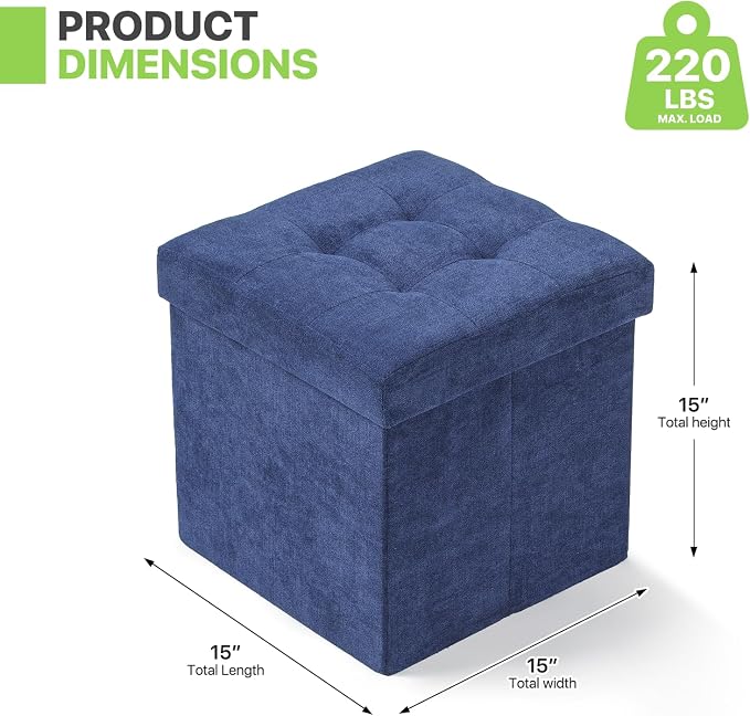 Magshion Folding Storage Ottoman Cube, 15 Inches Small Foot Rest Stool, Square Ottoman with Storage for Bedroom, Living Room, Dorm, Navy Blue