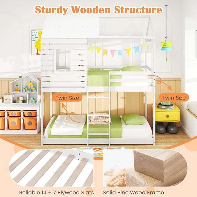 Giantex Wood Bunk Bed Twin Over Twin, House Bed Frame with Ladder and Guardrail, Floor Bunk Bed with Wood Slats for Kids, Girls, Boys, Dormitory and Bedroom, No Box Spring Needed, White