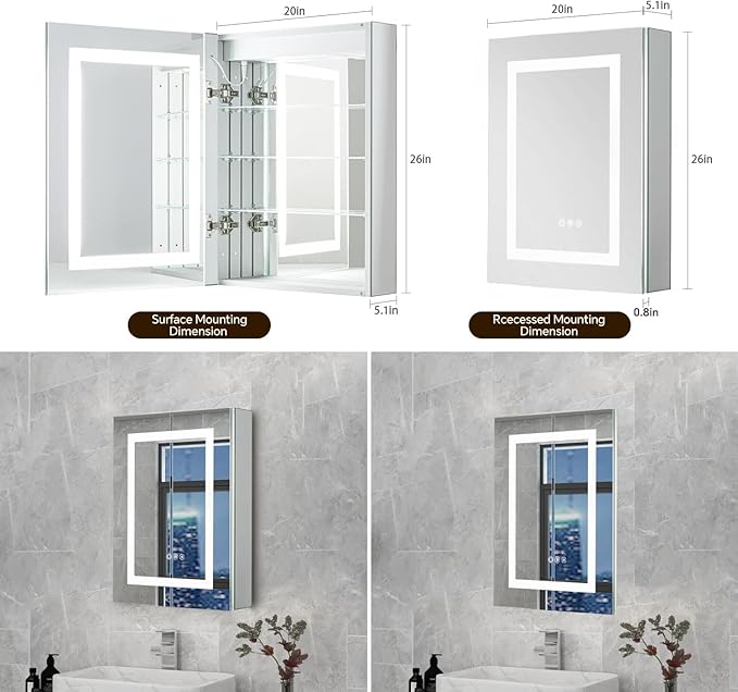 20x26 Bathroom Mirror LED Medicine Cabinet with Lighted 3 Colors, Recessed Surface Wall Mounted LED Medicine Cabinet, Anti-Fog Tempered LED Mirror with Storage, Stepless Dimming, 2 Outlets