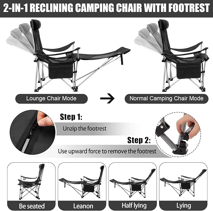 Colingmill 2 Pcs 2 in 1 Reclining Camping Chair with Footrest for Adults Folding Lounger Mesh Beach Chair Adjustable Backrest Lightweight Lawn Chairs for Camping Tailgates Outdoor Beach(Black)