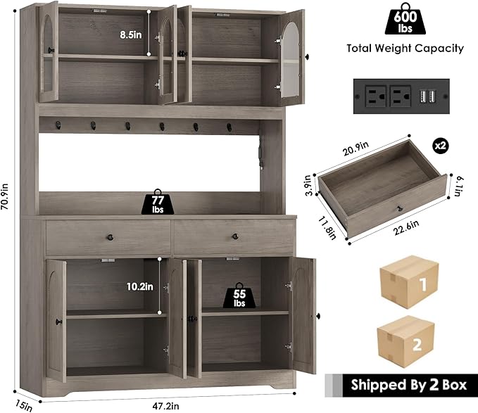 HIFIT 71" LED Kitchen Pantry Cabinet with Power Outlet, Large Kitchen Hutch Storage Cabinet with Arched Door, Shelves, 2 Drawer, Tall Farmhouse Coffee Bar w/Hutch for Home Dining Living Room, Ash Grey