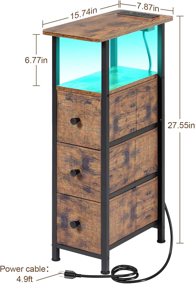 LOAKEKEL Narrow End Tables Living Room Set of 2 with Charging Station, Skinny Side Table with Fabric Drawers, Slim LED Nightstand for Bedroom, Small Spaces, Couch, Rustic Brown, HETNDP03LPBR