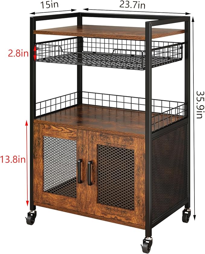 Hencawima Coffee Bar Cabinet, 3 Tier Coffee Station Table on Wheels, 35.9" H Bar Cart with Wire Basket Drawer & 5 Hooks for Home Kitchen, Liquor Buffet Sideboard Cabinet (Rustic Brown)