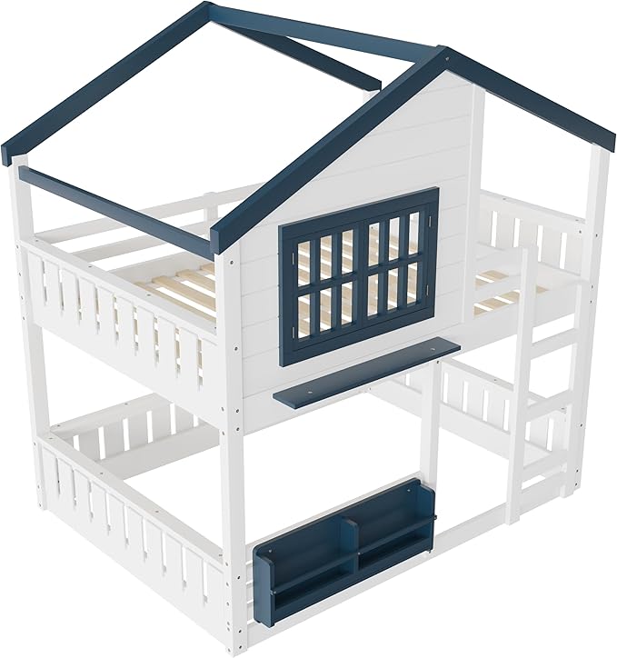 Full Size House Bunk Bed Frame with Storage Bookshelf, Window, Wooden Floor Bunk Bed with Fences, Space Saving for Kids Adults, No Noise, White