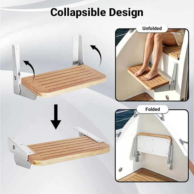 Boat Fold-Up Footrest,Wall Mounted Teak Footrest - Space Saving Folding Step for Boat, RV, Yacht, and Home Use, 12"x7.5"x6"