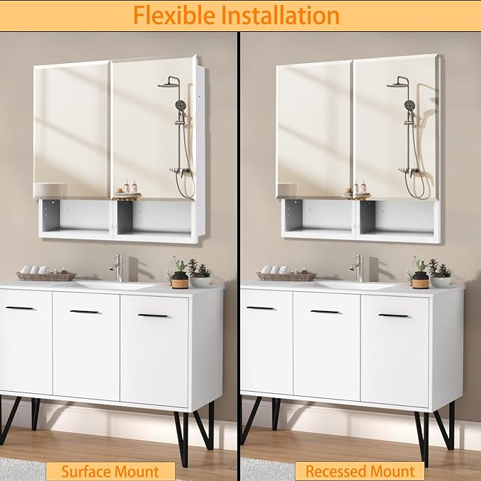 Medicine Cabinet with Mirror, 32x26 Inch Bathroom Mirrored Cabinet with Double Doors, Extra Storage Space, Bevel Mirror Wall Cabinet, Recessed or Surface Mount