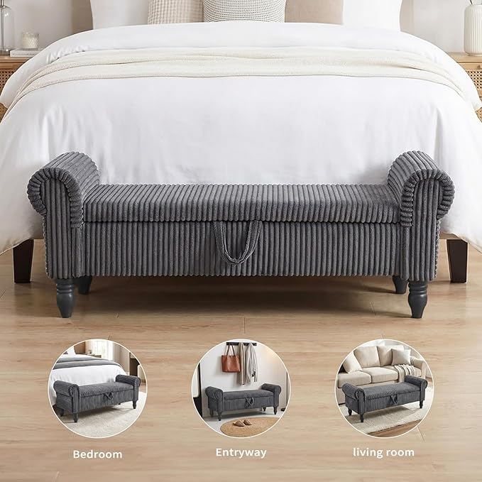 51.5" Bench for End of Bed Storage Benches, Queen End of Bed Bench Corduroy Upholstered Storage Ottoman Window Bench with Storage, for Bedroom, Entryway, Closet, Dark Grey