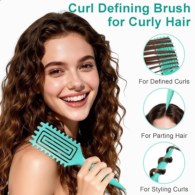 Curly Hair Brush, Curl Defining Brush with Soft Boar Bristles Detangling Tangled Glides, Wide-Teeth Design Effortlessly Shaping & Defining Curls (Pink Green)