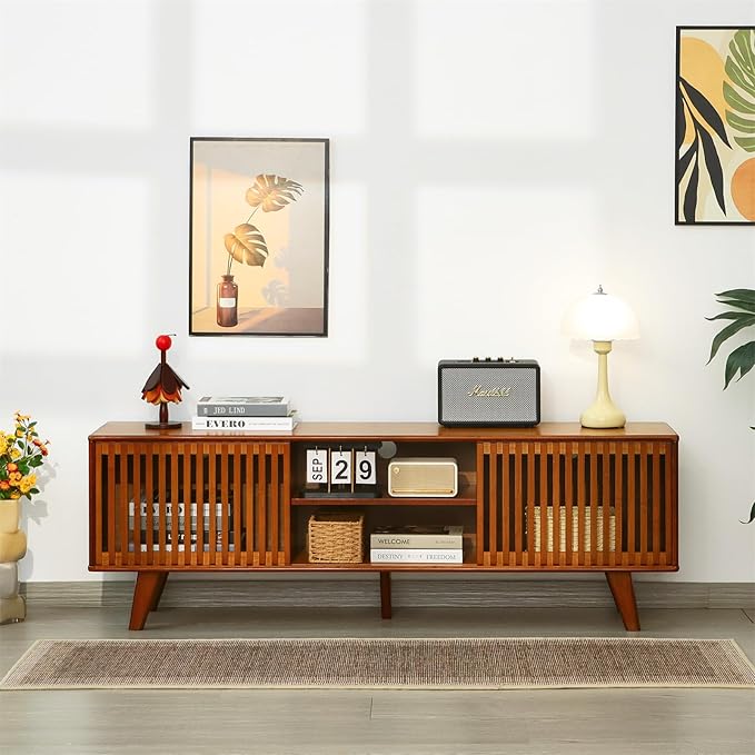 Bamboo TV Stand for TVs up to 65", Accent Entertainment Center with Storage, Media Console Table with Sliding Fence Door, Modern TV Stand for Living Room, Bedroom, 55"(L), Walnut