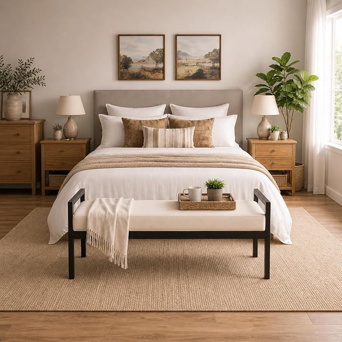 HomePop Modern Metal Bench|Bench for Living Room & Bedroom | Decorative Home Furniture - Cream Sherpa