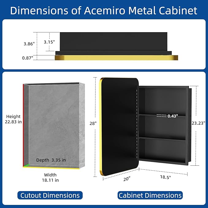 ACEMIRO 20x28 Inch Gold Recessed Medicine Cabinet with Mirror Metal Framed Surface Wall Mounted Bathroom Medicine Cabinet Mirror with Storage