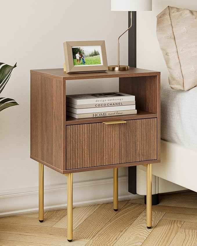 Aienvey Night Stand, Modern Nightstand with Drawers, Bedside Table, Gold Small Side Table for Bedroom, Living Room End Table (Walnut Stripe, 1 Drawer)