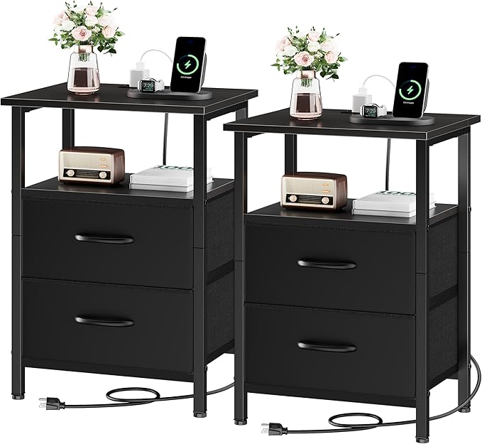 Vagusicc Nightstand Set of 2 with Charging Station, Bedside Table with Outlet & USB Ports, Black Night Stand with Fabric Drawers, 24.2" Tall Bed Side Table End Table with Open Shelf for Bedroom, Black