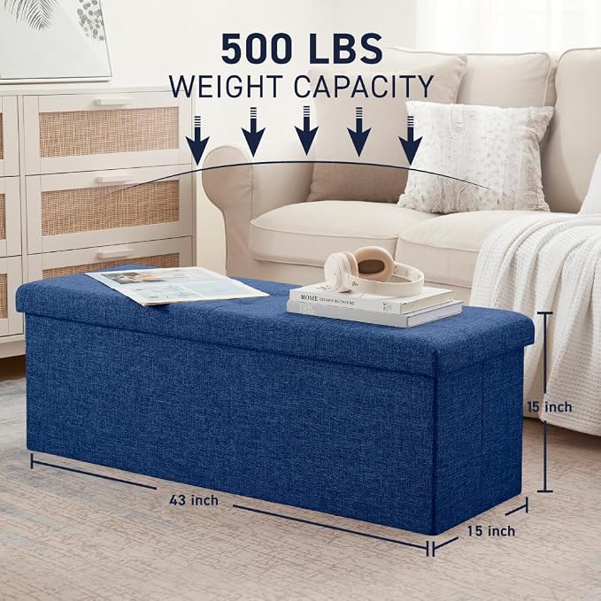 Ornavo Home Folding Storage Ottoman, 43 Inch Extra Large Storage Bench with Lid, Foot Rest Stool for Bedroom, Living Room, Entryway, Tufted Linen Upholstered - Navy Blue