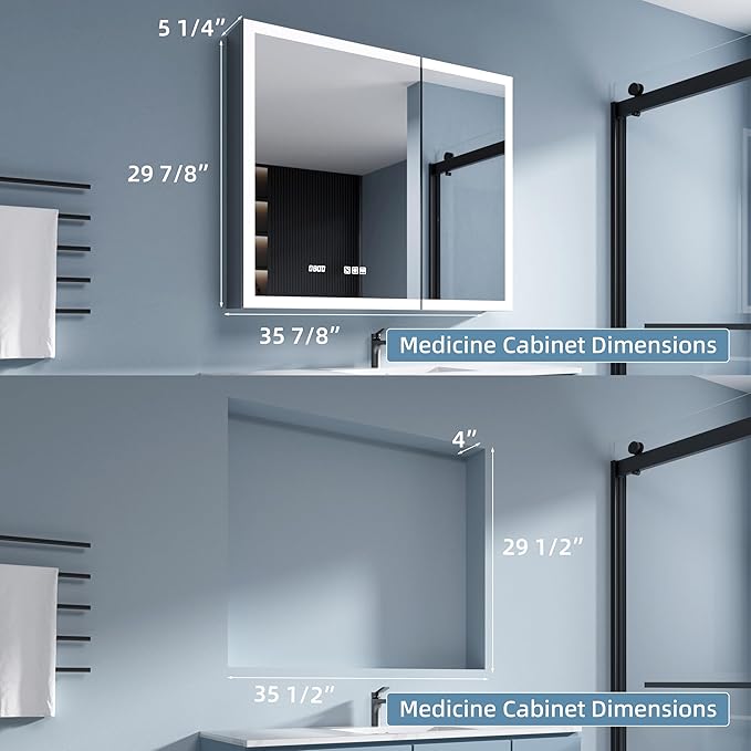 LED Medicine Cabinet Mirror, 36 x 30 Inch Inch Bathroom Storage, Recessed/Wall Mount, Plug-in/Hardwired, 3 Color Dimmable Light, Anti-Fog, Time Temp Display