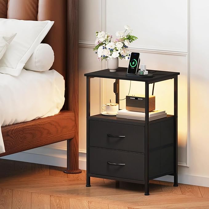 Somdot Black Nightstand with Charging Station and LED Light for Bedroom, 2 Drawers Dresser with Fabric Bins for Bedside Kids Dorm Room Closet Laundry Entryway, Black