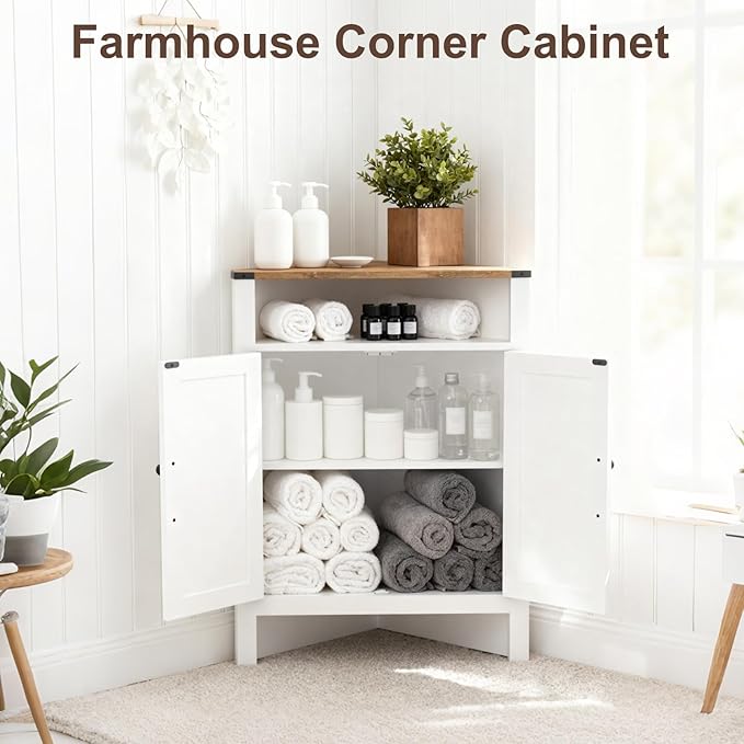 M METERXITY Bathroom Corner Cabinet, Farmhouse Corner Cabinet with Barn Doors, Adjustable Shelf, Small Storage Cabinet Corner for Kitchen, Pantry, Dining, Living, Entryway, Rustic