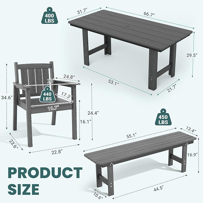 Pamapic 5 PCS Outdoor Dining Set, Spacious HDPE Outdoor Table and Chairs with 2 Bench, Wood Grain Patio Furniture Sets with Elegant Armrest, All-Weather Outdoor Furniture with Umbrella Hole, Gray