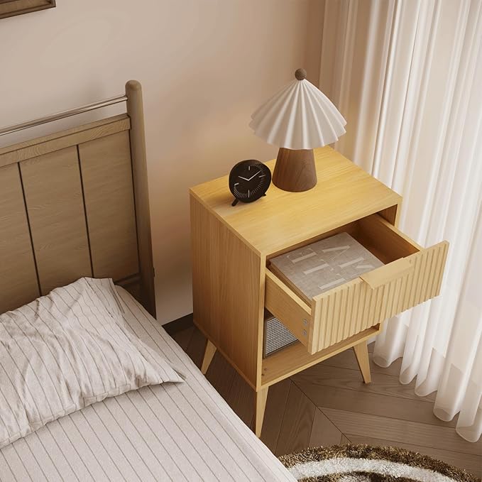 YAUKOMEL Fluted Night Stand with Opening Storage,Mid Century Bedside Table with Drawer,Wood Nightstand with Solid Wood Legs,End Table Side Table for Living Room,Bedroom,Natural CTG56Y