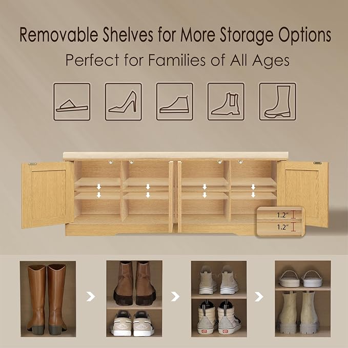DINZI LVJ Shoe Bench, Entryway Storage Bench with Doors, Cushion, 2-Tier Shoe Rack with 8-Cubby, 47.2”L x 13.8”W Shoe Organizer Cabinet, Adjustable Shelf, Living Room, Bedroom, Natural