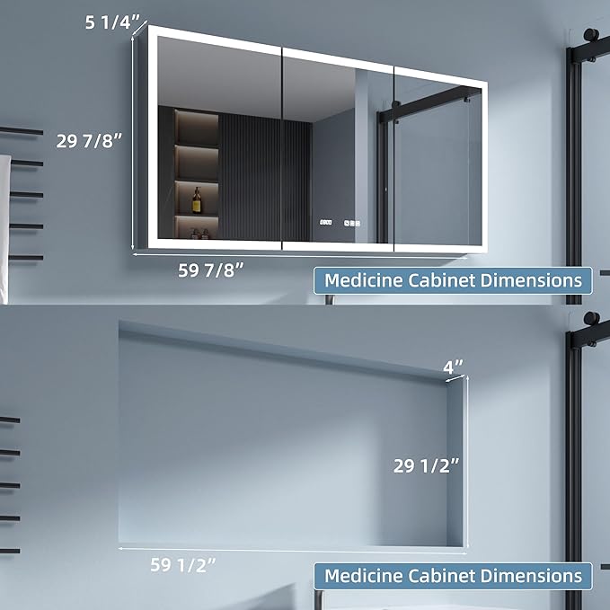 LED Medicine Cabinet Mirror, 60x30 Inch Bathroom Storage, Recessed/Wall Mount, Plug-in/Hardwired, 3 Color Dimmable Light, Anti-Fog, Time Temp Display