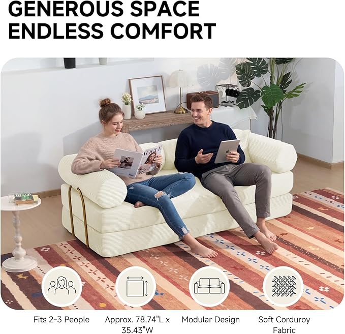 79" Boneless Couches for Living Room, Corduroy Sofa Bed with 2 Pillows,Side Pockets,Hex Arm, 5-in-1 Loveseat Sleeper Sofa for Small Spaces, High-Density Foam Couch, No Assembly, White
