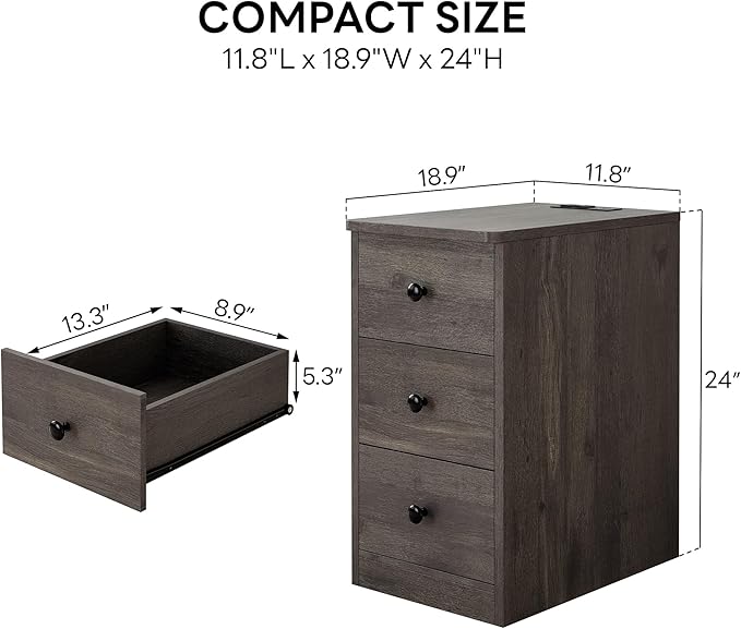 LIKIMIO Nightstand with Charging Station, Narrow Bedside Table with 3 Drawers, End Table with USB Ports and Outlets, Side Table for Living Room/Bedroom Modern, Charcoal Grey