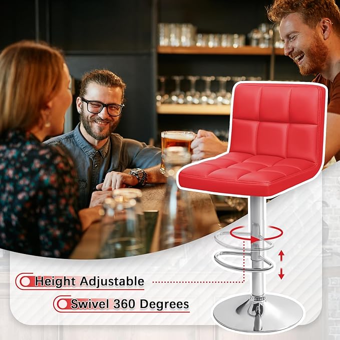 Homall Bar Stools Modern PU Leather Adjustable Swivel Barstools, Armless Hydraulic Kitchen Counter Bar Stool Extra Height Square Island Barstool with Back Set of 2 (Leather, Red)