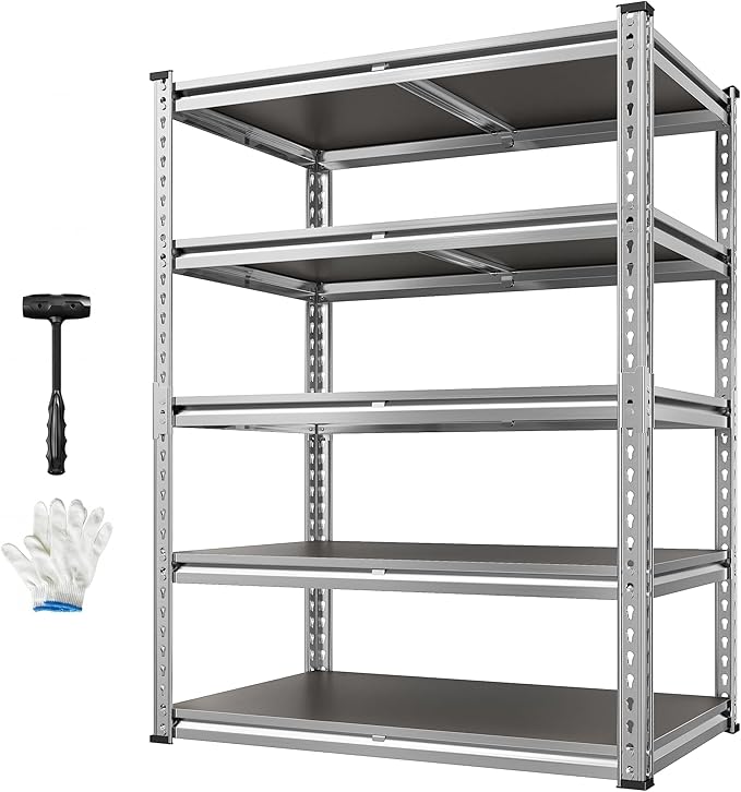 REIBII 2200LBS Heavy Duty Storage Shelves, 5-Tier Adjustable Metal Shelving Unit with Waterproof PP Boards,Garage Storage Rack for Pantry Basement Warehouse,35" W x 16" D x 72" H,Sliver Shelves