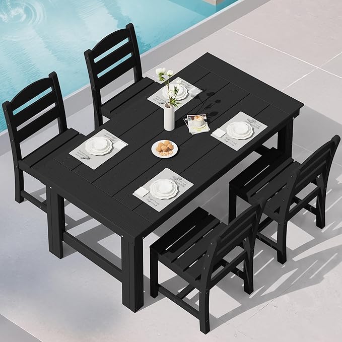 SERWALL Outdoor Dining Table Set, 67‘’ HDPE Patio Dining Set for 4, All-Weather Outdoor Table and Armless Chairs Set for Deck, Black