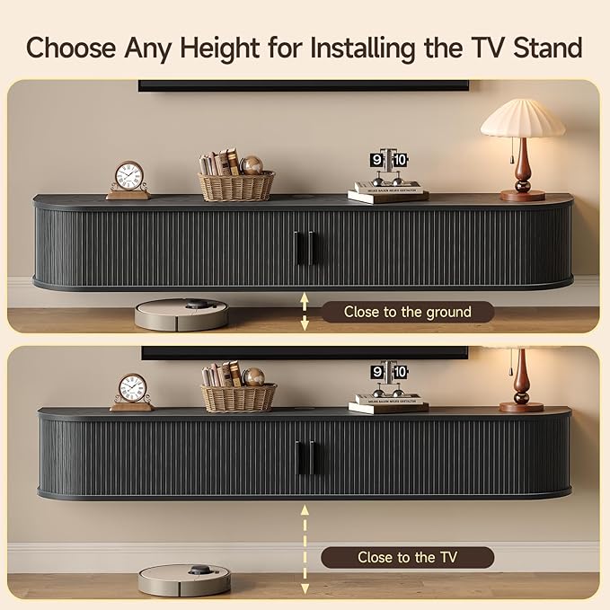 63" Floating TV Stand with Power Outlet for TVs up to 75", Fluted Entertainment Center with Remote Control for LED Lights, Mid-Century Modern TV Console w/Sliding Door for Living Room, Bedroom Black