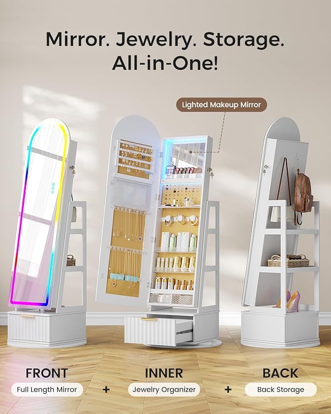 Dystler Arched Jewelry Cabinet with RGB Full-Length Mirror, 360° Swivel Standing Jewelry Armoire with Shelves & Drawer, Lockable Jewelry Organizers and Storage with Remote Control, White