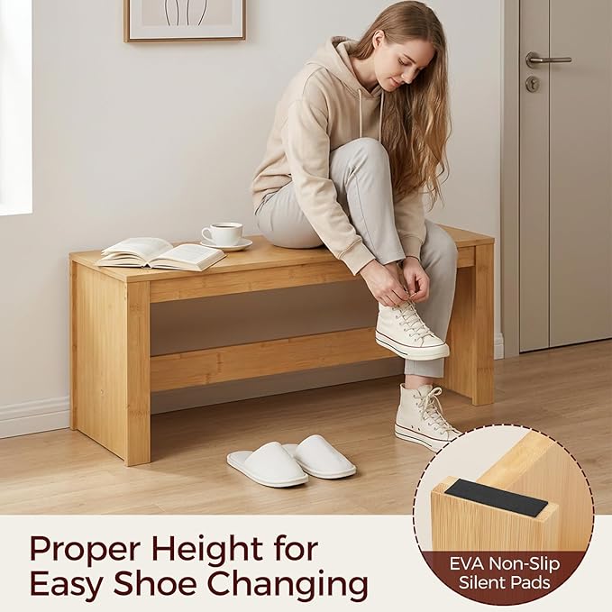 MAHANCRIS Entryway Shoe Rack Bench, 35.4 Inch Bamboo Dining Bench, Table Bench for Living & Dining Room, Kitchen, Bedroom, Bathroom, Hallway, Natural TBNA0501