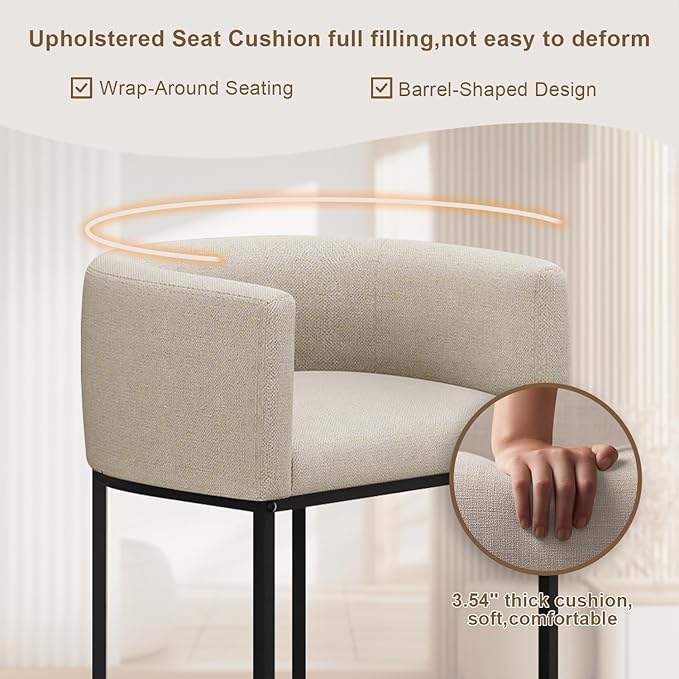 26" H Counter Height Bar Stools Set of 4, Modern Barrel Counter Stools with Backrest and Arms, Linen Fabric Upholstered Accent Barstools for Kitchen Island,Support 450 LBS (Beige)