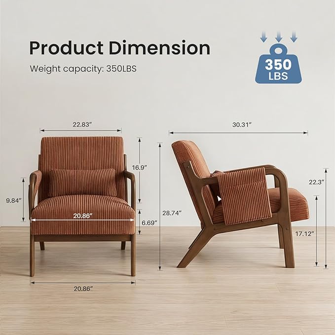 DUMOS Accent Chairs Set of 2, Mid Century Modern Accent Chair with Lumbar Pillow and Solid Wood Frame, Upholstered Armchair Reading Chair for Living Room, Bedroom, Orange